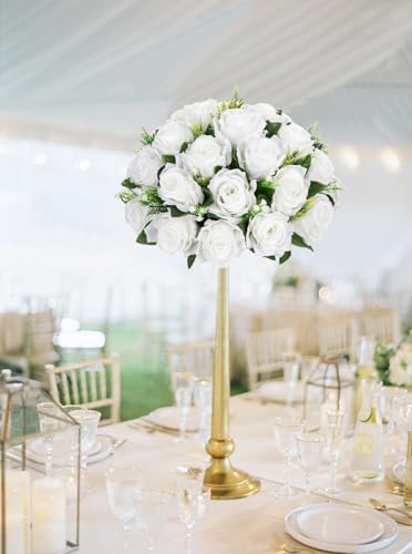Briful Fake Floral Balls for Centerpieces - 2PCS 11.8" Large Faux Rose Flower Arrangement Silk Flower Bouquet for Home Wedding Party Anniversary Table Vase Flower Stand Decor(White) - Image 4