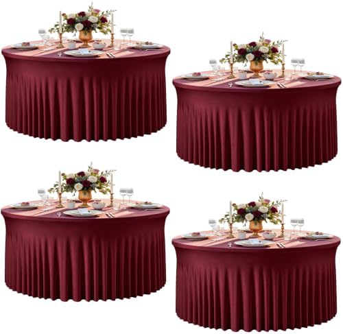 Burgundy Round Spandex Tablecloth, 5FT Stretchy Table Cloth with Skirt, 4PCS Washable Fitted Tablecloth, Circle Wrinkle Free Table Cover for Wedding Party Dining by Torrowsrort