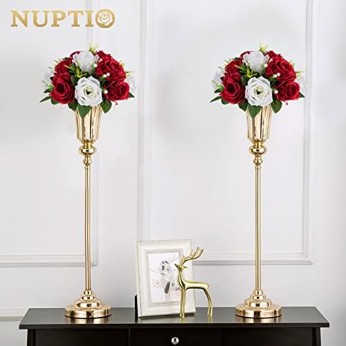 NUPTIO Artificial Flower Centrepieces for Tables - 10 Pcs Crimson & White Fake Flowers Roses Balls 9.5in Diameter - Silk Faux Rose Arrangement for Wedding Party Centerpiece Table Decorations - Image 4