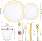 WELLIFE 210PCS Clear-Gold Plastic Plates - Dinnerware Sets for 30 Guests - 60 Disposable Plates, 90 Plastic Silverware, 30 Cups, 30 Napkins for Party - Image 2