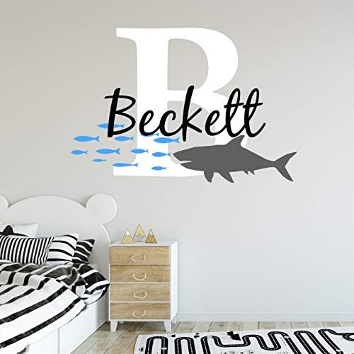 Nursery Baby Shark Name and Initial Custom Wall Decal Sticker, Boy Wall Decal, Boys Name, Decor, Personalized, Boys Name Decor, Girls Nursery, Plus Free White Hello Door Decal (L) by DecorDesignsDecals