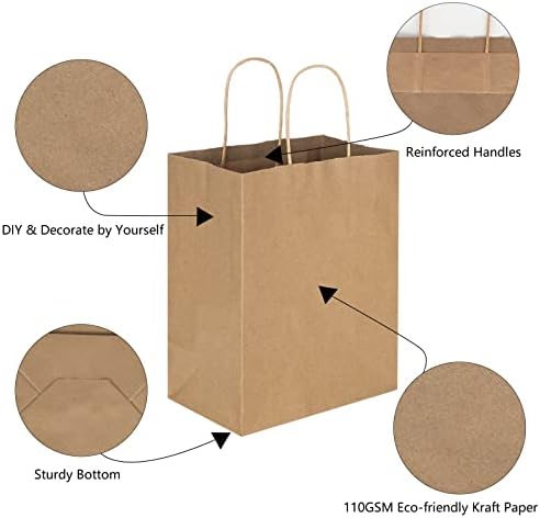 Toovip 100 Pack 8x4.75x10 Inch Medium Plain Brown Kraft Paper Bags with Handles Bulk, Gift Wrap Bags for Favors Grocery Retail Party Birthday Shopping Business Goody Craft Merchandise Take Out Sacks - Image 3