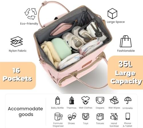 ROSEGIN Pink Diaper Bag Backpack for Baby Girls - Baby Shower Gifts for Mom, Quilted Diaper Bag with Changing Pad, Pacifier Case, Insulated Pockets, Stroller Straps, 35L Large Capacity - Cute - Image 2