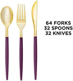 Luxe Party 128 Pieces Two Tone Plastic Disposable Cutlery | Forks-Spoons-Knives | Full Size | Chic Round | Purple and Gold - Image 3
