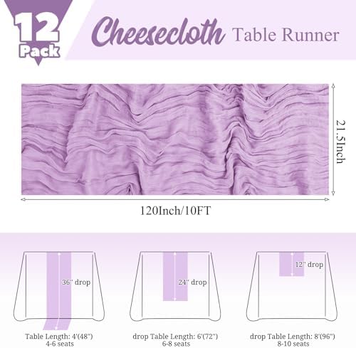 12 Pack Lavender Table Runner 10Ft Cheesecloth Table Runner Rustic Gauze Table Runners Romantic Long Sheer Fabric Cheese Cloth Table Runners for Wedding Party Bridal Baby Shower - Image 2