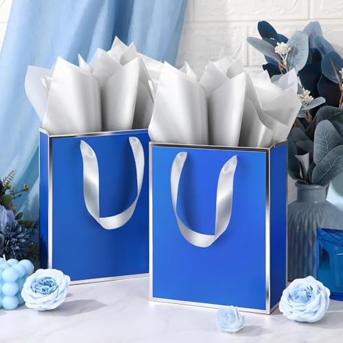 Yeaqee 50 Pcs Metallic Paepr Gift Bags Bulk with Handles,Royal Blue, Silver - Image 5