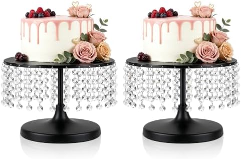 Metal Cake Stand Set with Crystal Pendants - Elegant Dessert Table Display for Weddings, Birthday Parties, Baby Showers, Events - Sturdy Crystal Bling Cupcake Stands for Pastries, Sweets, Decorations (Black, 2 PCS-L) by kehail
