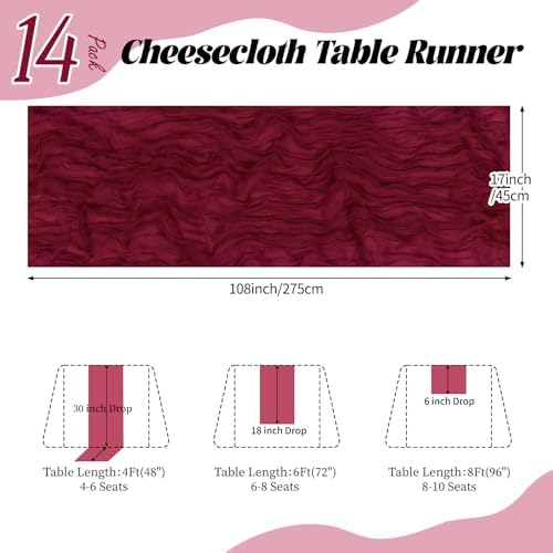 14 Pack Burgundy Cheesecloth Table Runner 17x108 Inch Semi Sheer Boho Gauze Cheese Cloth Fabric Table Runners, for Wedding Party Baby Shower Birthday Home Decor Garden Farmhouse - Image 2