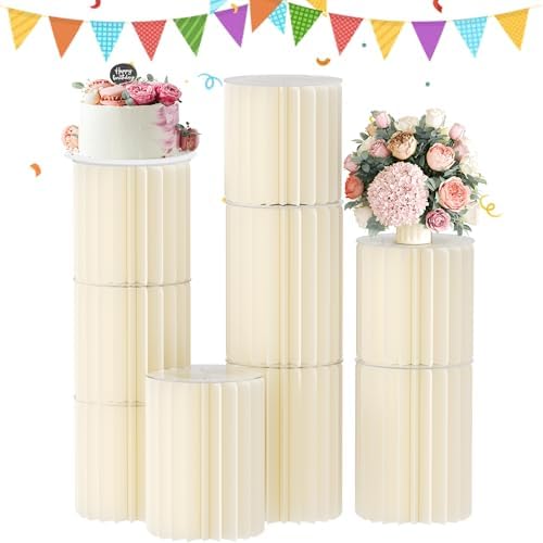 Urban Deco Cylinder Stands for Party, 8PCS Cake Pedestal Stands for Parties, Foldable Cardboard Pillars with Acrylic Disc, Cilindros para Fiestas Redondos Blancos for Birthday Wedding Decor, White by UrbanDeco
