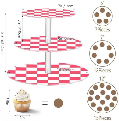 J JOYSAY Checkerboard Pink White Print Acrylic Cupcake Stand 3 Tier Dessert Table Display Set Clear Cake Stands for Party Baby Shower Wedding Decorations Easy Assembly Pastry Tower - Image 3
