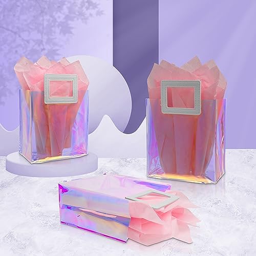 Caleihd 12PCS Holographic Clear Gift Bags with Tissue Paper, 7.9 * 7.1 * 3.9 inch with Handles,Treat Bags Goody Bags,for Christmas, Birthday Party, Weeding Gift Bags Party Supplies (Pack of 2) - Image 2