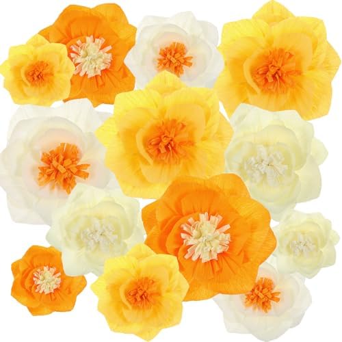 Cholemy 24 Pcs Tissue Paper Flowers, Crepe Paper Flowers Decorations 8" 10" 12" for Wedding Party Baby Bridal Shower Carnival Party Birthday Nursery Wall Decor (Gold,Yellow,Orange) by Cholemy