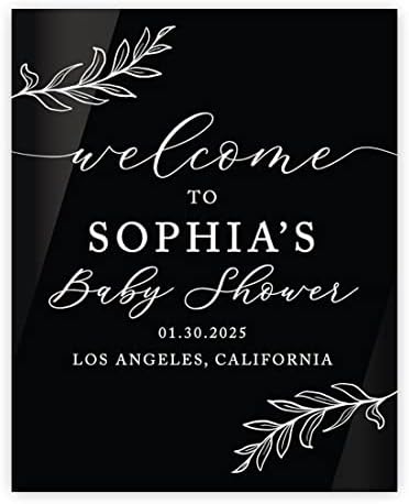 Andaz Press 16X20 Inch Black Acrylic Personalized Baby Shower Welcome Sign, Gender Neutral Large Custom Sign For Easel Stand, Rustic Laurel Leaves Baby Shower Decorations Neutral, Acrylic Welcome Sign by AndazPress