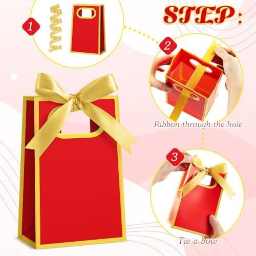AmazingSpark 50 Pcs Red Gold Mini Gift Bags Bulk 6.3 x 3.9 x 2.8 Inch Party Favors Elegant Small Gift Bags with Handles and Ribbon Bows for Wedding Birthday Bridal Baby Shower Party Favors - Image 4