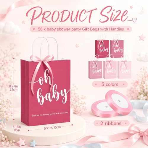 Gersoniel 50 Packs Baby Shower Gifts Bags Bulk 5.91 x 3.15 x 8.27 Inches Baby Shower Favor Bags with Handle Ribbon Thank You Gift for Party Favor for Guests Gifts Gender Reveal (Pink) - Image 3