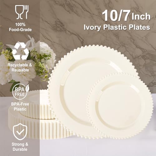 U-QE 60PCS Ivory Plastic Plates - Beaded Ivory Disposable Heavy Duty - Image 2