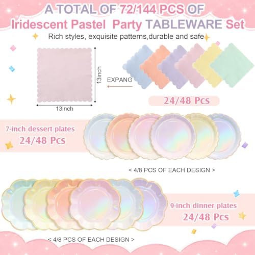 144 Pcs 48 Guests Iridescent Pastel Party Plates and Napkins - Image 2