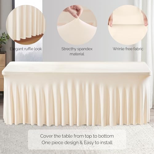 Wish Care 6 Pack Ivory Spandex Table Clothes for 4 Foot Rectangle Tables, 4FT Wrinkle Free Fitted Tablecloths Ruffles Design Table Cover for Party, Banquet, Wedding and Events - Image 2
