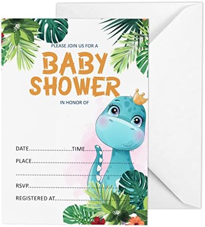 Pack of 30, Boy/Girl Baby Shower Party Collection, Baby Shower Invitation Cards, Fill in the Blank Invites WIth Envelopes, Dinosaur Theme Party Supplies by Inkdotpot