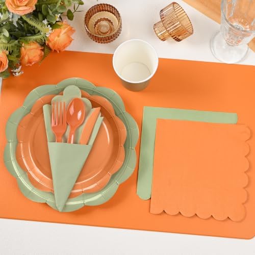 350 Pcs Fall Party Plates and Napkins - Sage Green Orange Party Decoration Tableware set Include Autumn Wedding Gradient Scalloped Plate Napkin Cup & Cutlery for Thanksgiving, Bridal shower, Birthday - Image 7