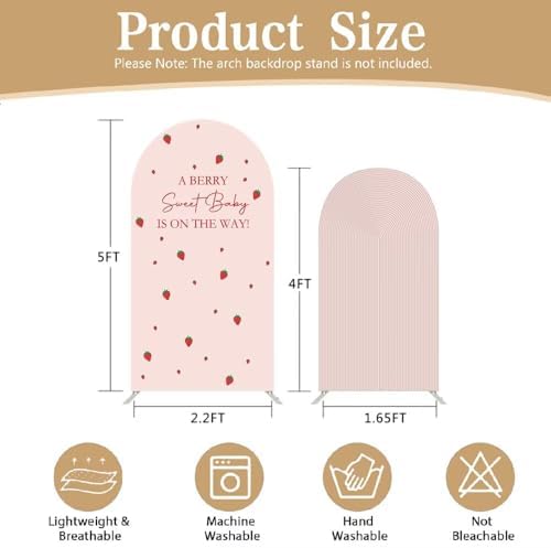 2 Pcs A Berry Sweet Baby is ON The Way Arch Backdrop Covers,Set of 2(5FT/4FT) Pink Ripple Strawberry Theme Arch Fabric Cover for Girls Birthday Baby Shower Party Decoration - Image 4