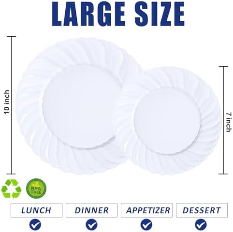 U-QE 60 Pcs White Plastic Plates for Party – Scalloped Plastic Plates - Image 2