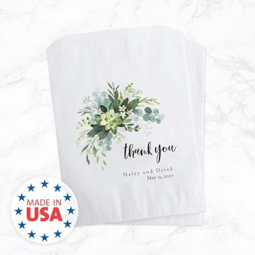 Canopy Street Personalized Lush Greenery Thank You Treat Bags / 50 Custom Event Dessert Bags / 5 3/4" x 8" Watercolor Floral Cookie Holder Wedding Anniversary Favor/Made In The USA - Image 6