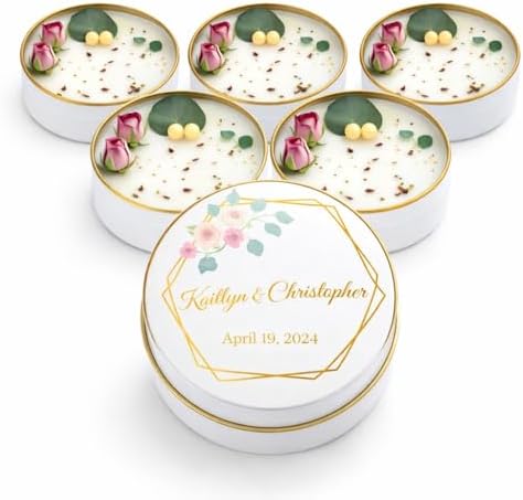 Personalized Candle Wedding Favors – Scented Custom Soy Wax Thank You Gifts with Dried Flowers – Custom Names & Date – Elegant Tin Gift (10-20-30-40-50-100 Bulk Options) by Unknown
