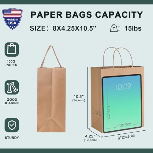METRONIC 500 Pack Brown Paper Bags 8x4.25x10.5 inch,Medium Kraft Craft Gift Bag Bulk with Handles,Recycled for Boutique Holiday Grocery Welcome Party Favor Shopping Merchandise Takeout bags - Image 5