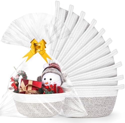 AFOROEOA 10PACK White khaki Baskets for Gifts Empty, 12"x 8"x 5" Woven Gift Baskets with Gift Bags and Bows Empty Gift Baskets for Christmas Shelf Small Storage Baskets with Handles by AFOROEOA