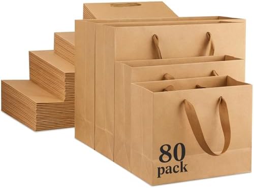 PerKoop 80 Pack Kraft Gift Bags with Handles 4 Sizes,Horizontal,Brown by PerKoop