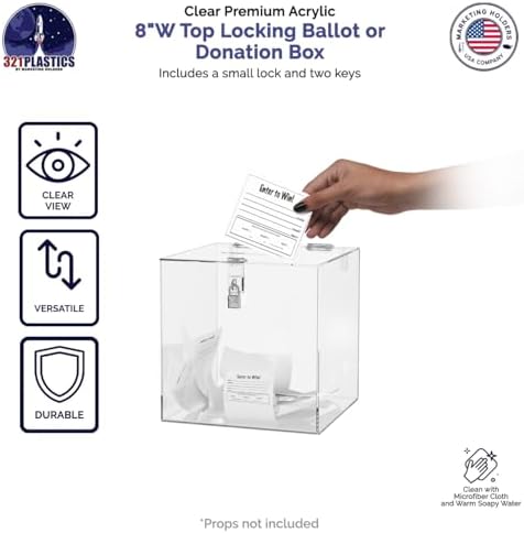 8 Inch Locking Ballot Box Clear Acrylic Square Cube Top Locking See Through Countertop Contests Entry or Donation Collection Bin by Marketing Holders - Image 3