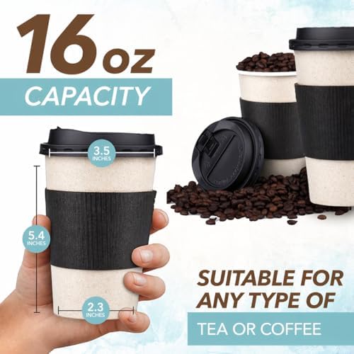 Promora 16 oz Natural Cream Disposable Coffee Cups with Lids & Sleeves, Hot Coffee Cup Sleeves Disposable, Premium Insulated To Go Coffee Paper Cups with Lids & Sleeves (16 oz, Pack of 100) - Image 2