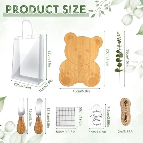 43 Pcs Baby Shower Game Prizes for Winners 6 Sets Baby Shower Prizes Wedding Bridal Favor with Bamboo Bear Shape Cheese Board Oak Cutlery Placemats Artificial Eucalyptus Stems Tags Bags - Image 2