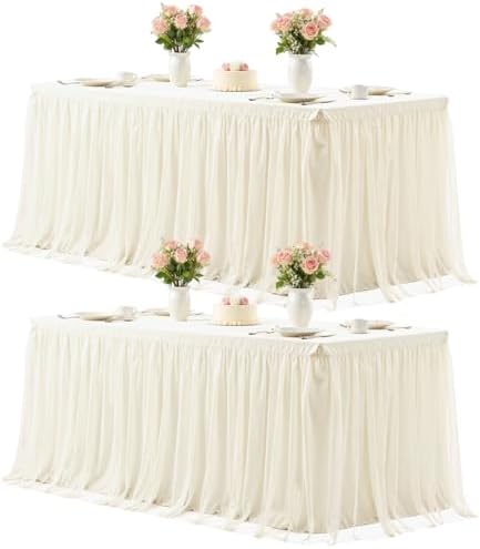 2 Pack Ivory Tablecloths for 6 Foot Rectangle Tables Ivory Table Cloth Rectangle Tulle Tablecloth 6ft Cream Stretch Spandex Table Cover for Wedding Baby Shower Birthday Party Banquet Desk Table Skirt by HBBMAGIC