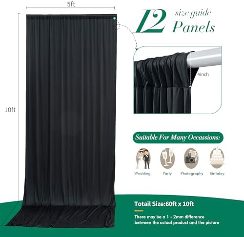 60 ft x 10 ft Wrinkle Free Black Backdrop Curtain for Parties, 12 Panels 10ft Polyester Black Photo Backdrop Drapes for Graduation Birthday Wedding Party Stage Curtains - Image 5