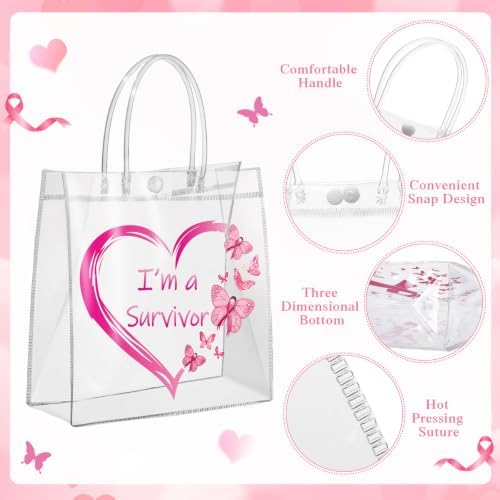 Canchiing 30 Pcs Breast Cancer Awareness Clear Gift Bags with Handles Reusable Pink Ribbon Treat Bags PVC Gift Wrap Totes for Breast Cancer Survivor Party Favor Items Accessories, 7.9 x 7.9 x 3.1 - Image 3