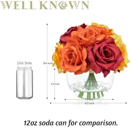 WELL KNOWN Silk Rose Artificial Flowers with Vase, Orange Yellow Red - Image 3