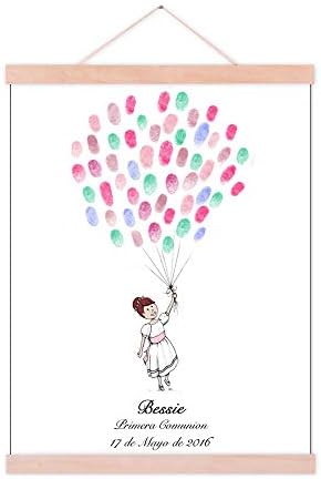 Customized Communion Gift Fingerprint Guest Book Canvas for Baby Shower Decorations Girl Holding Balloons DIY Thumbprint Painting with Wooden Hanger Ready to Hang-60x80cm by Unknown