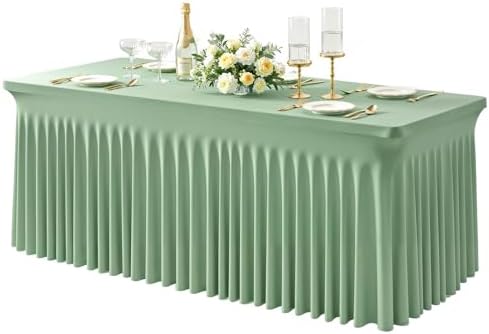 1 Pack Sage Green Spandex Tableclothes for 6 Foot Rectangle Tables, Wrinkle Free 6ft Fitted Table Cover Stretch Table Cloth Desk Skirt for Weddings Baby Shower Birthday Party Banquet Decorations by PartyTalk