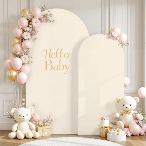 White and Beige Arch Cover Set of 2-7.2FT and 6FT Arch Backdrop Cover Spandex Fitted Wedding Balloon Arch Stand Covers for Bridal Shower Wedding Baby Shower Birthday Party Ceremony Photo Background - Image 5