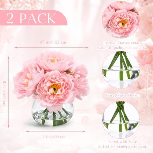 Zeyune 2 Pack Pink Peonies Faux Flowers in Vase, Silk with Faux Water - Image 3