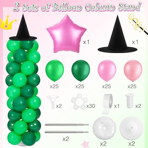 Lunmon Pink and Green Party Decorations Pink and Green Balloon Column Stand Kit, Star Witch Hat Balloon Set for Princess Witch Themed Birthday Party Baby Shower Trunk or Treat Decor Supplies - Image 2