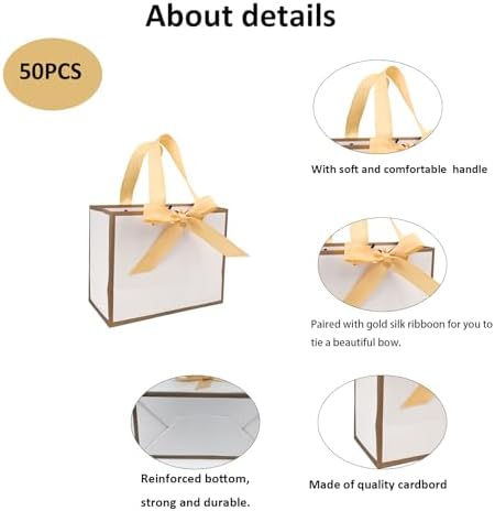 TKSBAG 50 PCS Small White Gold Gift Bags with Bow Ribbon - 6.4x3.1x5.1 Inch Thank You Bags with Handles, Bulk for Baby Shower, Bridal Shower, Wedding, Party Favors, Fathers' Day - Image 4