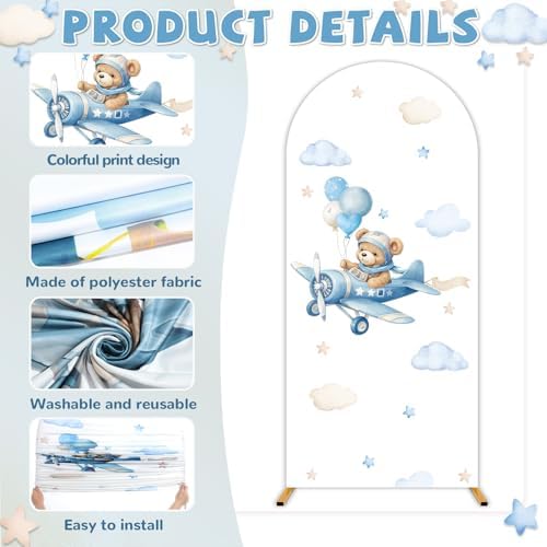 3PCS Teddy Bear Arch Backdrop Cover 4ft 5ft 6ft Vintage Airplane Party Decorations Blue Pilot Spandex Stretch Arch Stand Cover Hot Air Balloon Photo Background for Baby Shower Wedding Birthday Decor - Image 3