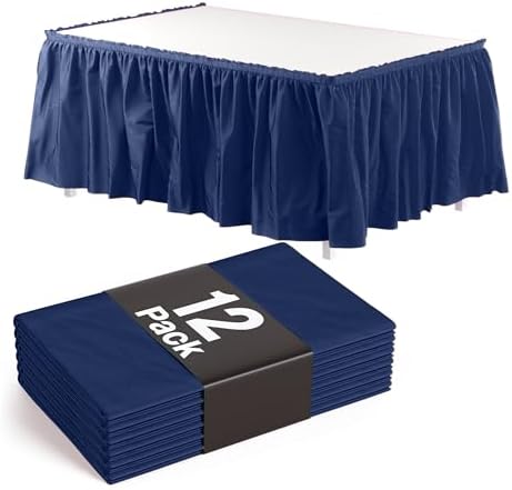 Exquisite Navy Table Skirt 12 Pack 29" X 14 Ft Long Black Table Skirts for Rectangle Tables 6ft Plus or Round Tables - Ruffle Table Skirt with Adhesive Strip - Gender Reveal Decor & Party by Exquisite