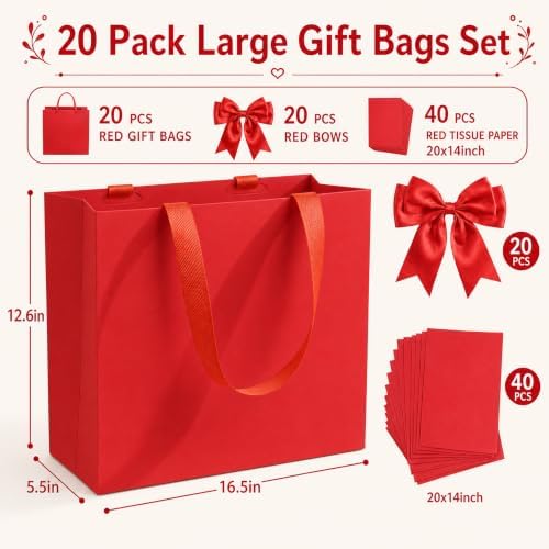 Catlovecorn 20 Pack Large Red Gift Bags, 16.5 x 5.5 x 12.6 In - Image 2