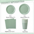 Ziliny 250 Pcs Sage Green Plates and Napkins, 50 Guest Spring Easter Party Supplies Include 9" 7" Scalloped Paper Plates Napkins Cups Disposable Tableware Set for Birthday Party Baby Shower - Image 2