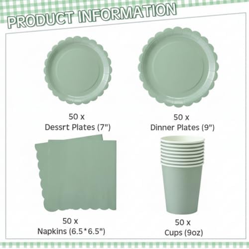 Ziliny 250 Pcs Sage Green Plates and Napkins, 50 Guest Spring Easter Party Supplies Include 9" 7" Scalloped Paper Plates Napkins Cups Disposable Tableware Set for Birthday Party Baby Shower - Image 2