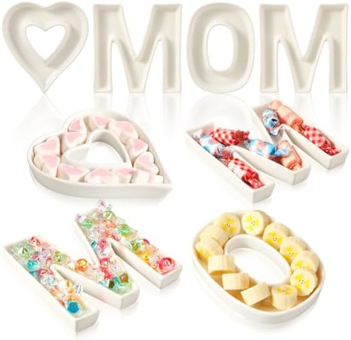SiliFine 4 Pcs Mother's Day Letter Charcuterie Boards Ceramics Heart Mom Fillable Letters Box Small White Reusable Alphabet Food Serving Tray Platter for Candy Mother's Day Gift Party Decoration by SiliFine